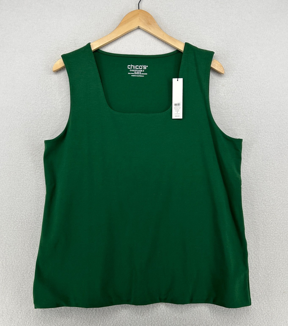 CHICOS Top 3 XL Contour Cotton Square Neck Tank Shell Stretch Cotton Green NEW